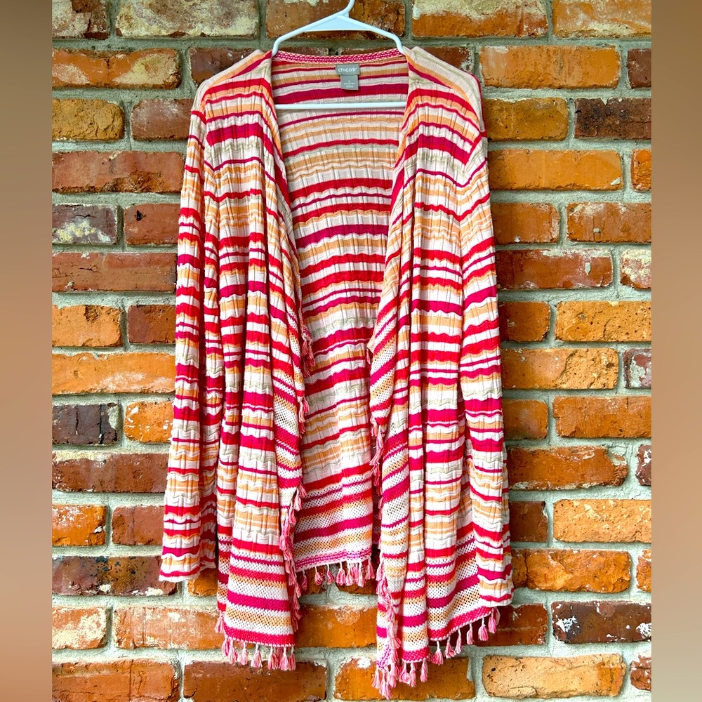 Chico’s Colorful Striped Open Fringe Tunic Cardigan 4/XXL